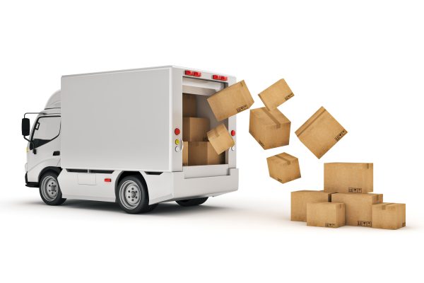 White delivery truck with cardboard boxes 3d rendering